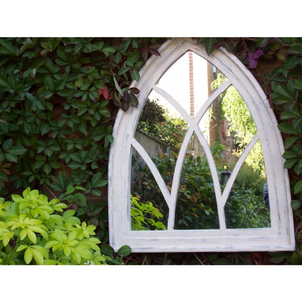 White Wash Gothic Arch Garden Mirror